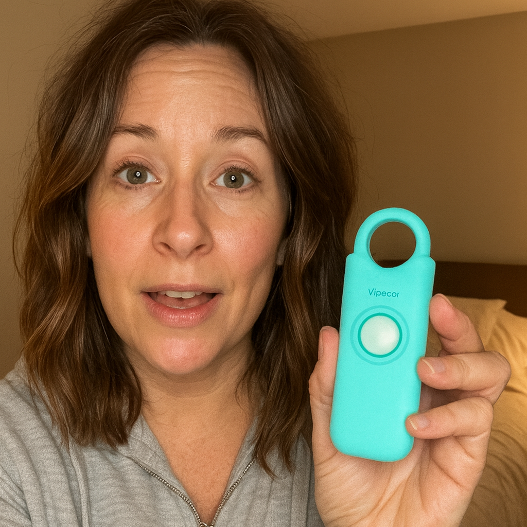 Woman holding a turquoise keychain with a white button in front of a neutral background