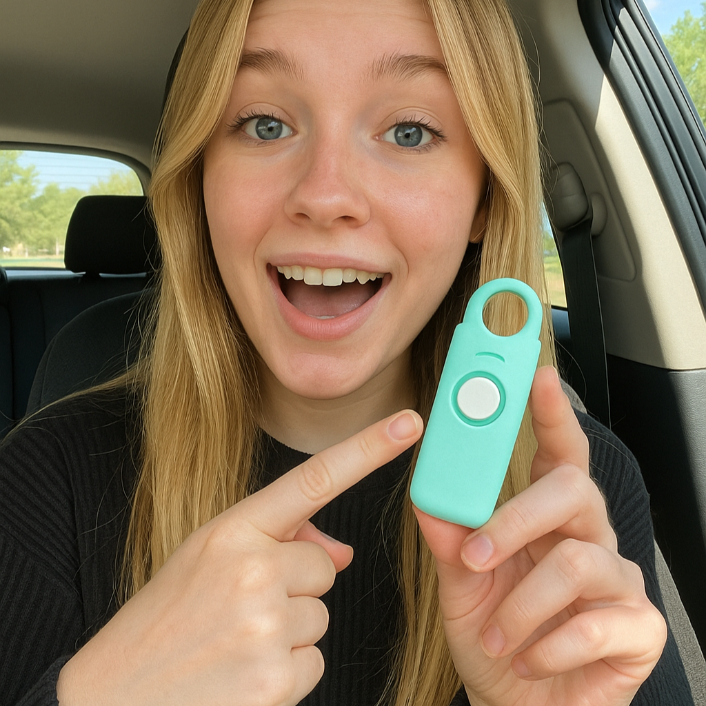 Person holding a teal key fob inside a car