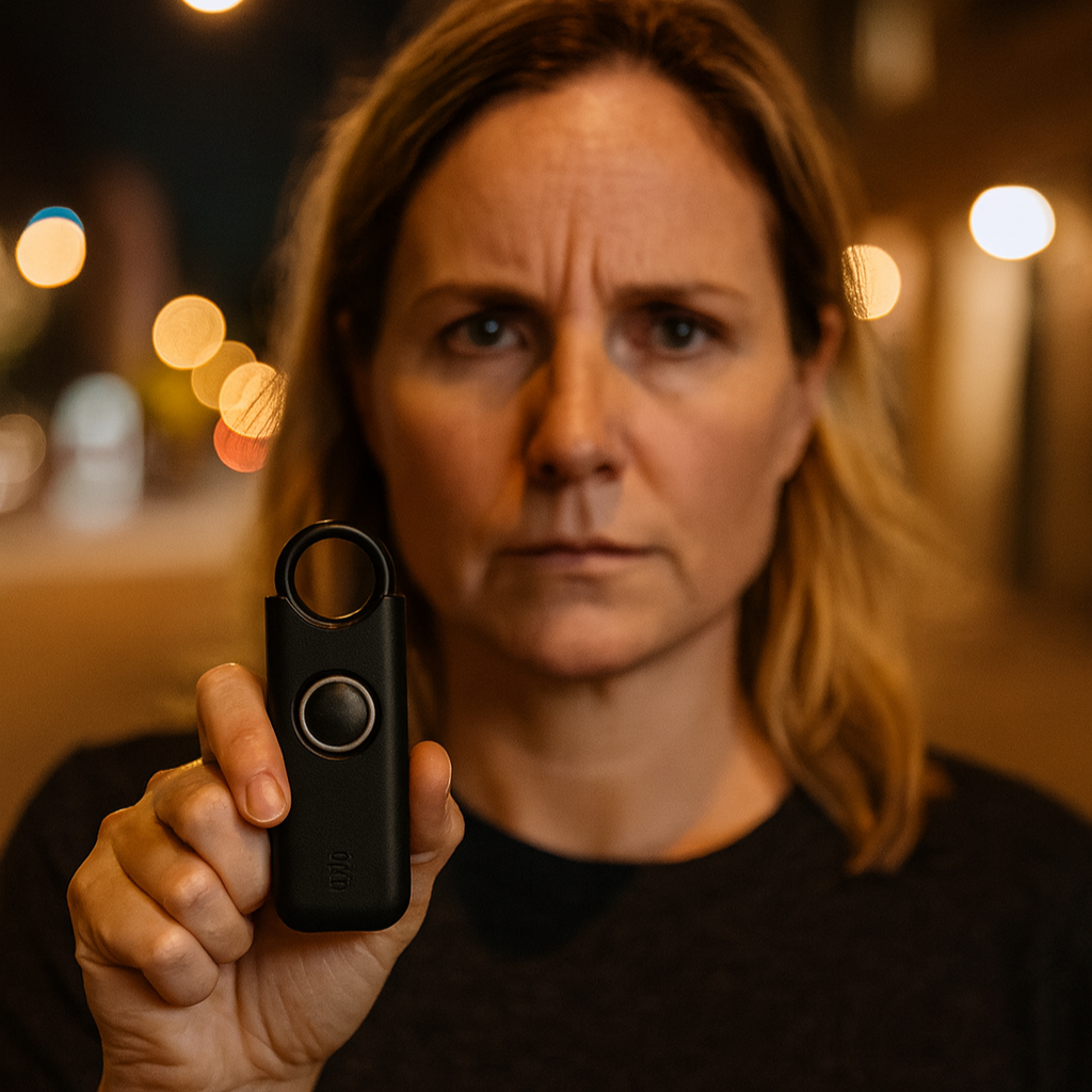 Woman holding a black device with blurred lights in the background