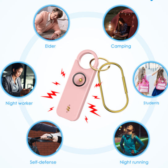 Pink emergency button with keychain, suitable for various scenarios like elders, campers, night workers, students, self-defense, and night running.