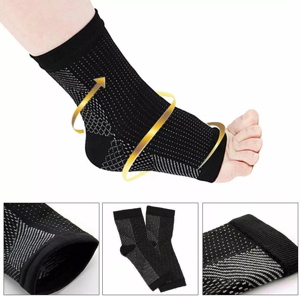Black ankle support brace with gold accents on a white background