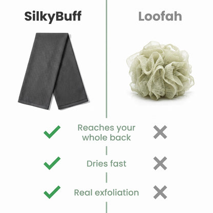 SilkyBuff vs loofah comparison: reaches your whole back, dries fast, real exfoliation