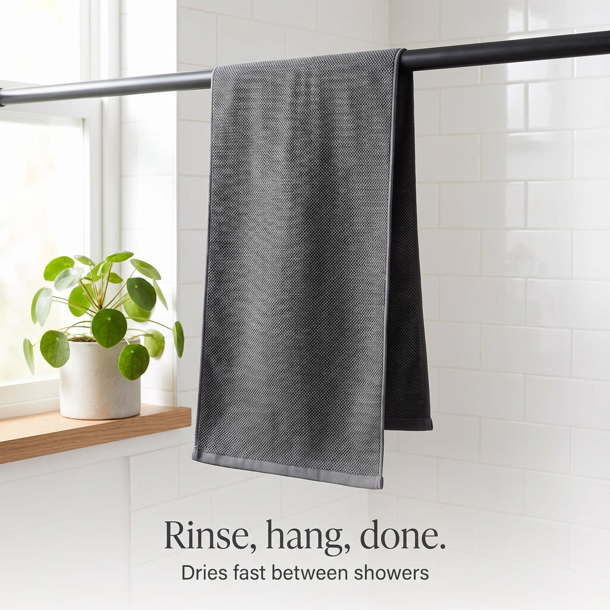 SilkyBuff hanging on a shower rail - rinse, hang, done, dries fast between showers