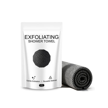 SilkyBuff exfoliating back and body shower towel with packaging